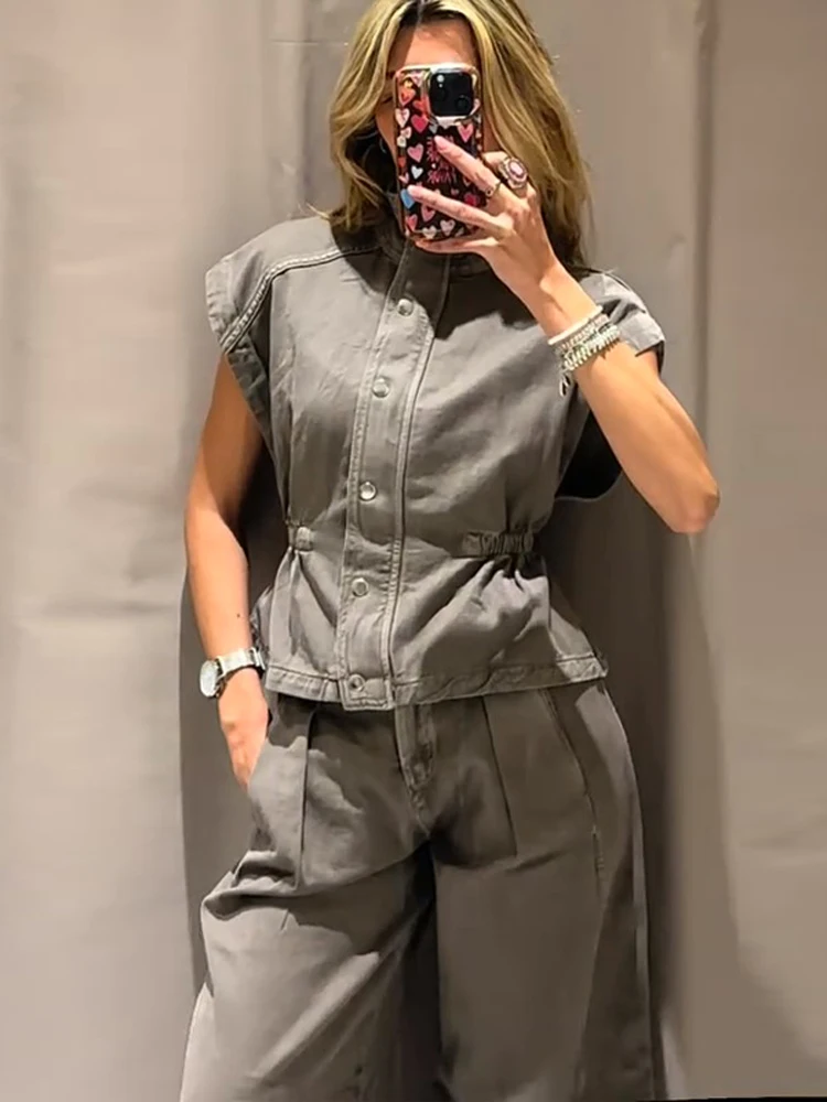 Damen-Hosenanzüge Denim Rollkragen Ärmellose Taillenbetonte Weste Hochgeschnittene Weite Hose Schicke Damen-Outfits Neue Partykleidung – Detail 14