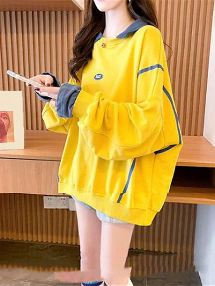 Autumn Korean Fashion Contrast Color Long Sleeve Fake 2 Piece Pullovers Tops Women Casual Streetwear Oversized Female Sweatshirt