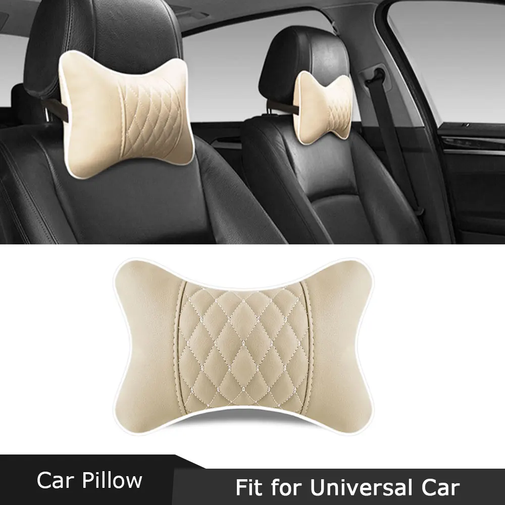 Car Pillows PU Leather Knitted Headrest Neck Rest Cushion Support Seat Head Pain Relief Auto Black Safety Pillow Auto Universal 