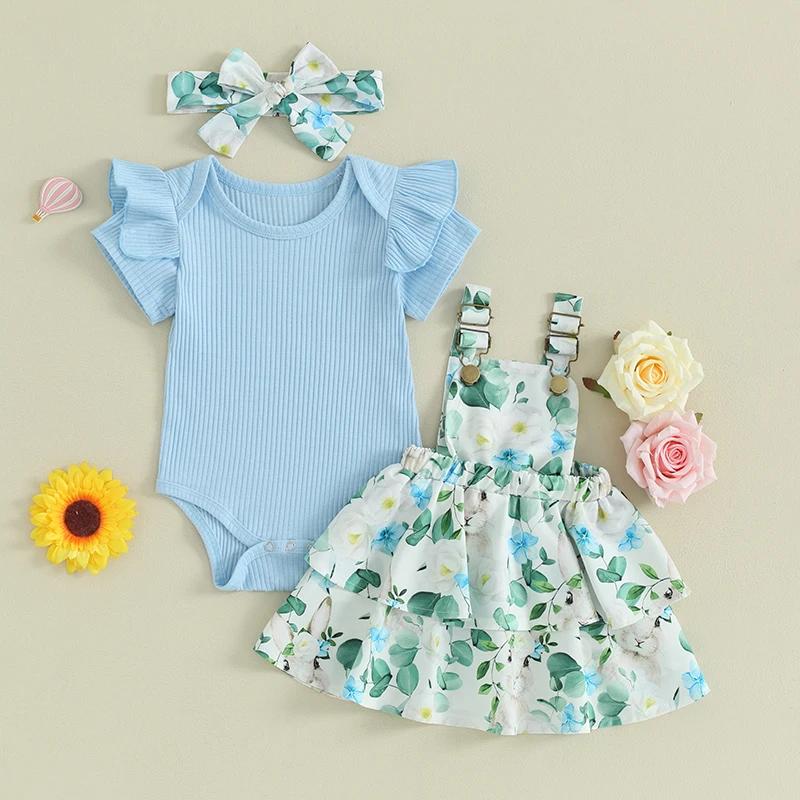 

Infant Baby Girls Bunny Skirts Set 3Pcs Easter Outfit Summer Floral Ribbed Short Sleeve Romper Suspender Skirt Suit