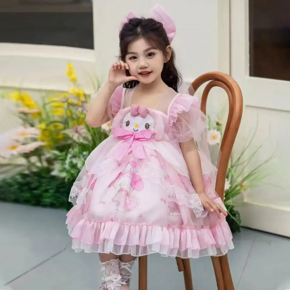 

Sanrio My Melody Girls Summer Outfit Dress New Children's Lolita Princess Dress Short Sleeve Birthday Party Lace Puffy Skirt