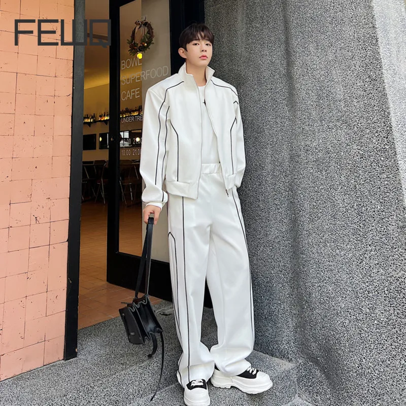 FEWQ Autumn Trend Men\'s Sport Sets Stand Collar Sweatshirt Straight Loose Pants Fashion Male Cording Design Casual Suits 9A7316