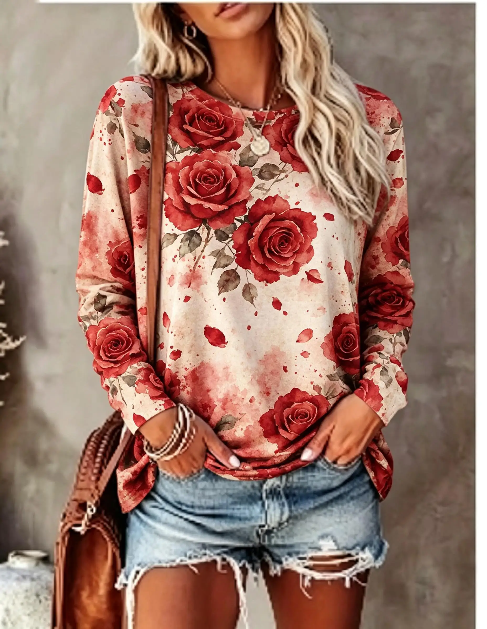 Women Long Sleeve T Shirt Vintage Watercolor Red Rose Splatter Print Crew Neck Casual Fall Tops