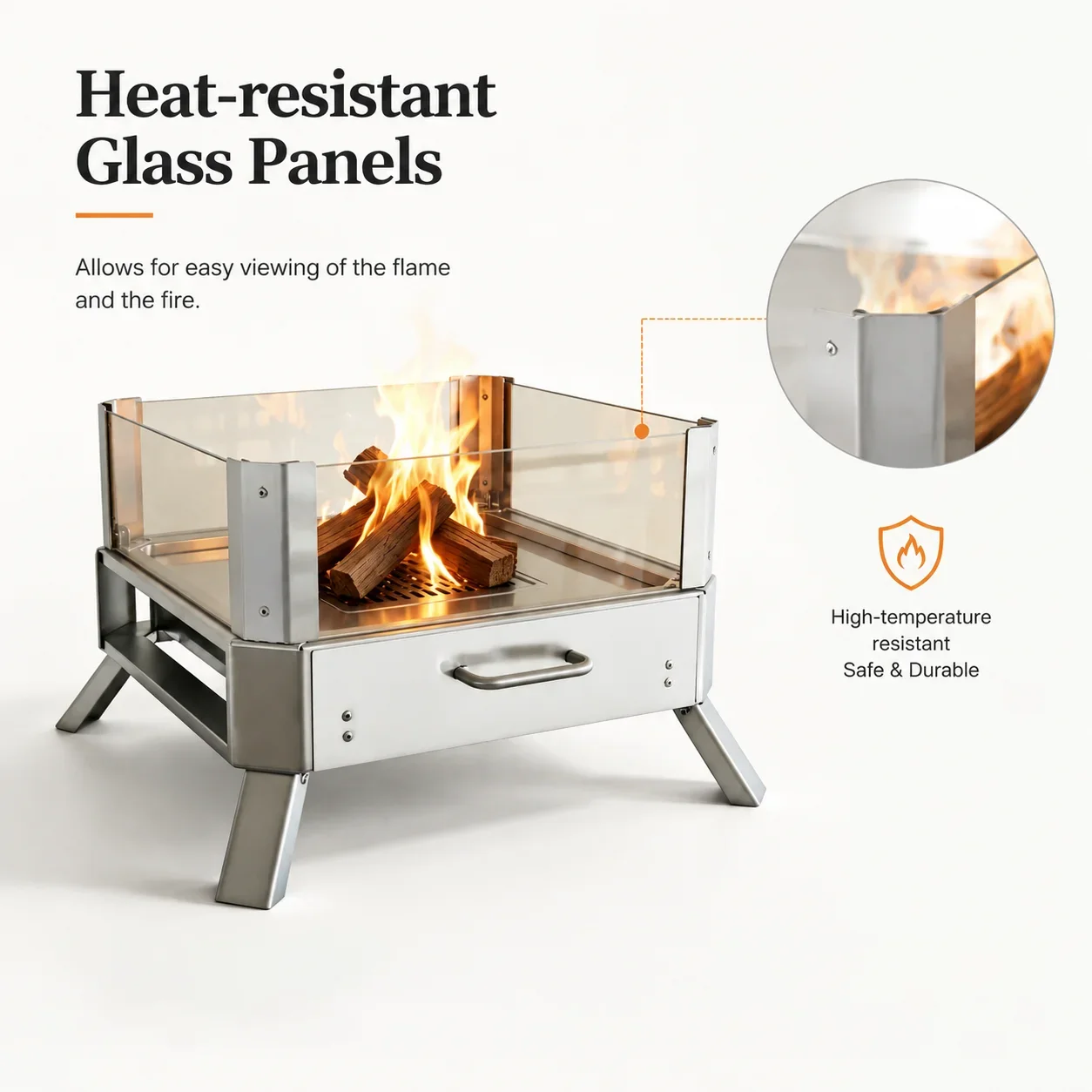 Foldable Stainless Steel Fire Pit with 4-Sided Glass Windscreen Outdoor Wood-Burning Stove Camping Warmth  Watching Fire JJ348