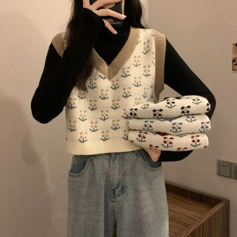 MEXZT Vintage Harajuku Print Knit Vest Fall Women V-Neck Sweater Vests Fashion Loose Sleeveless Y2k Waistcoat Korean Pullovers