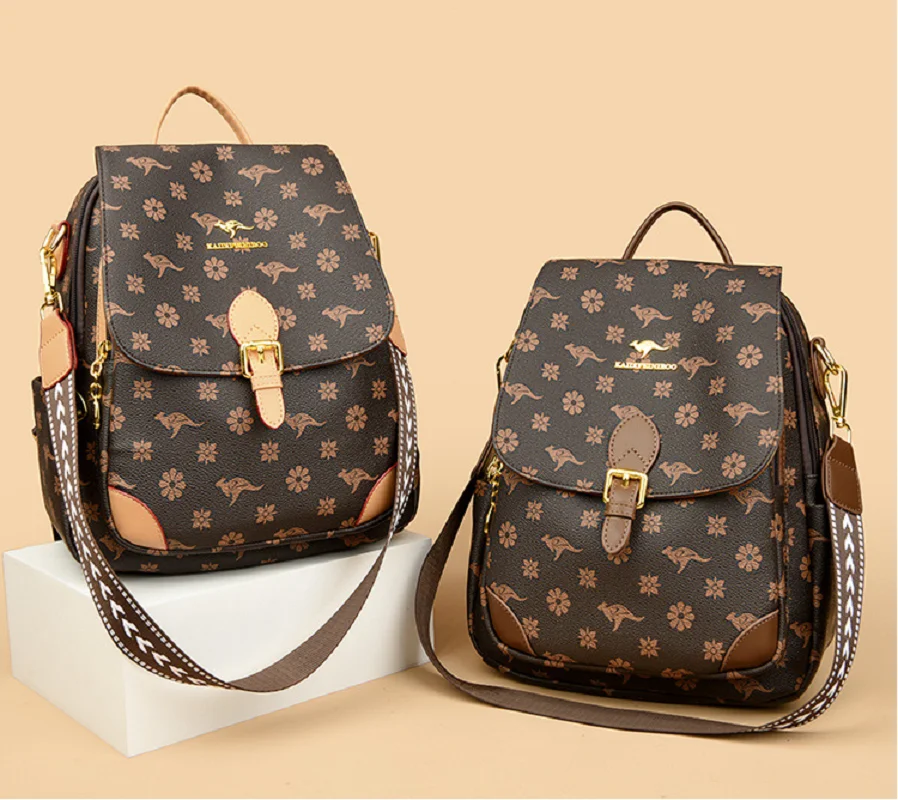 

New Fashion Luxury Printing High Quality Leather Double Shoulder Bags Women's Vintage Large Capacity Travel Backpacks School Bag