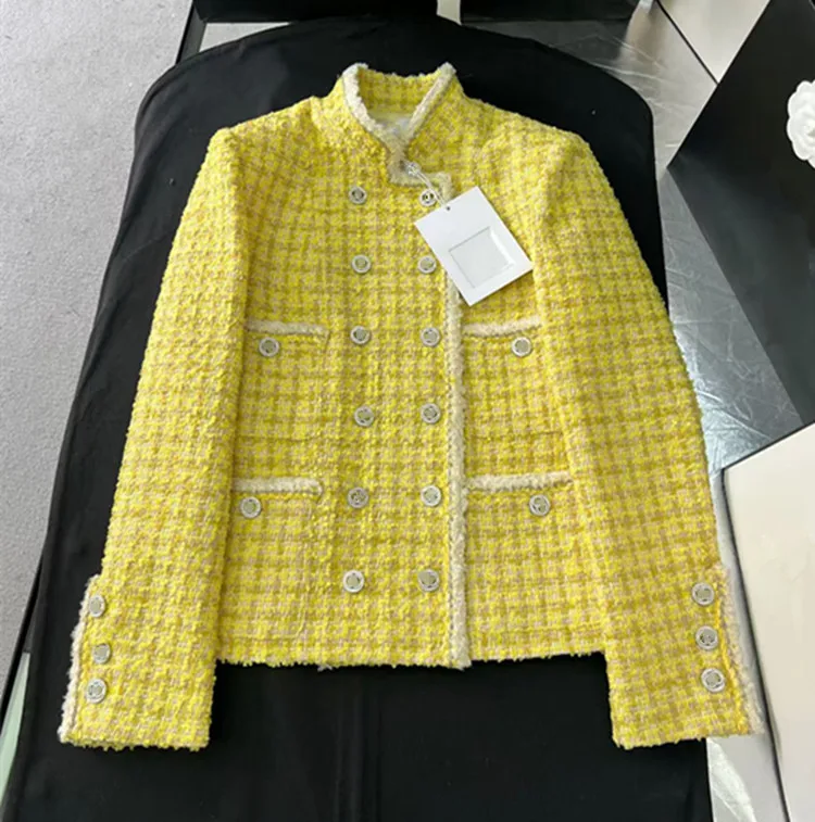 Customization European women's clothing - new styles for summer 2026 Long-sleeved yellow double-breasted fashion tweed coat