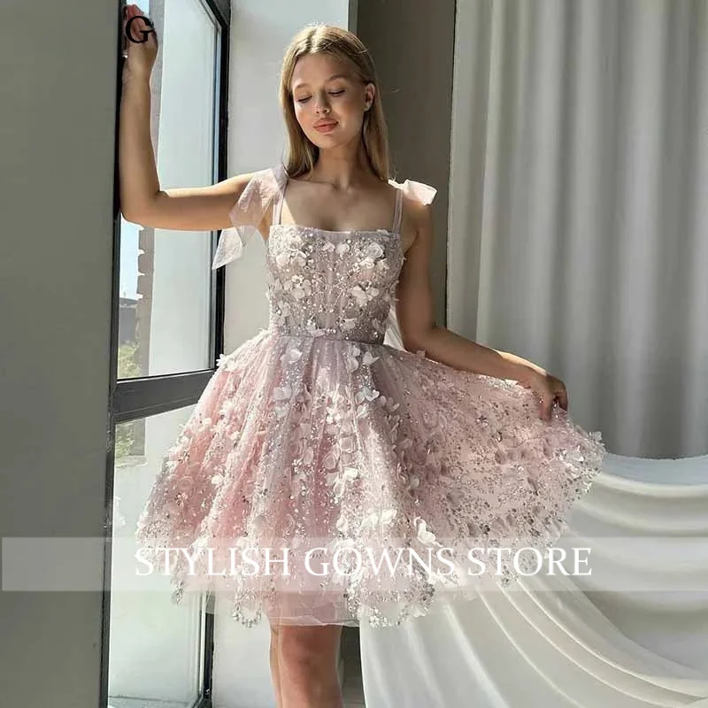 Modern A-Line Pink Homecoming Dresses Sleeveless Bows Appliques Backless Party Gowns Knee Length Prom Dress Customized