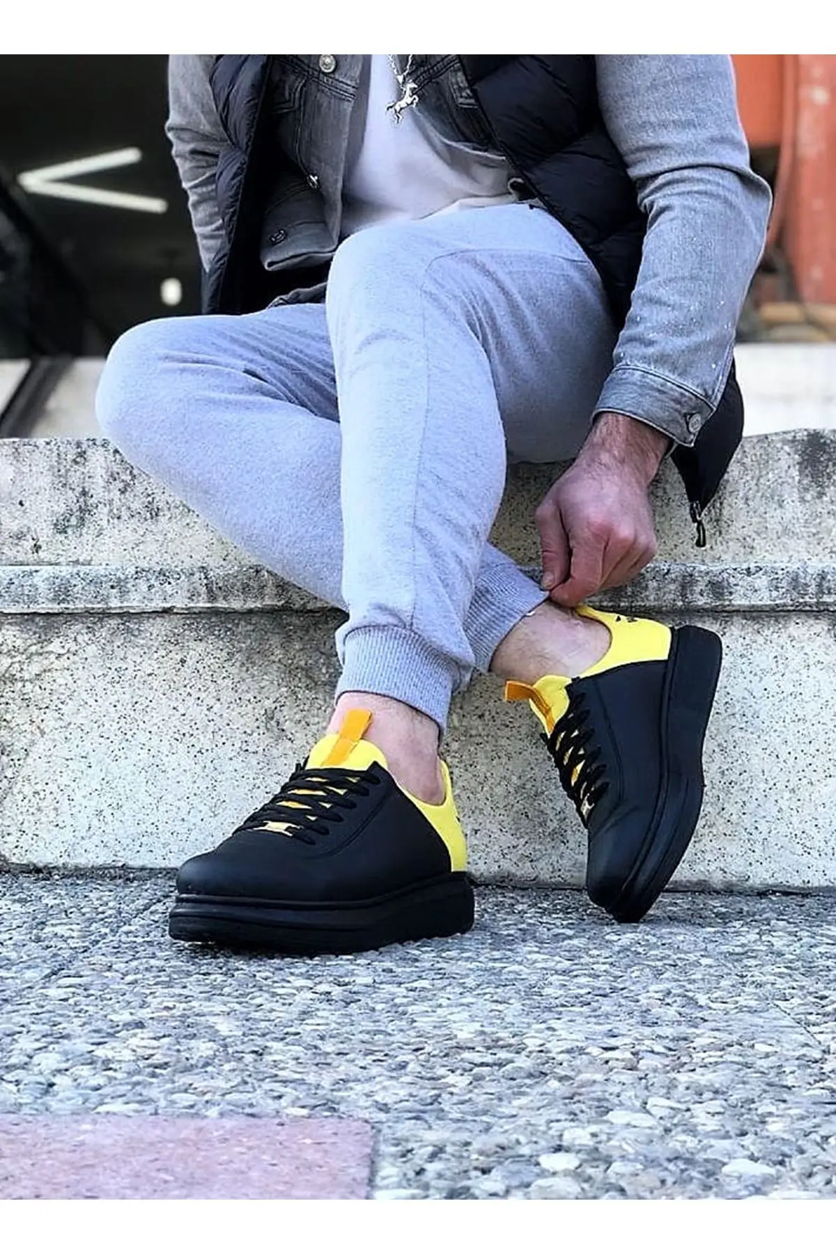 ​Wagon Men\'s Sneakers Sport Shoes Coal Yellow Yellow Lace Up Closure Faux Leather Spring and Autumn Seasons Comfortable Slip On In 2022 Fashion