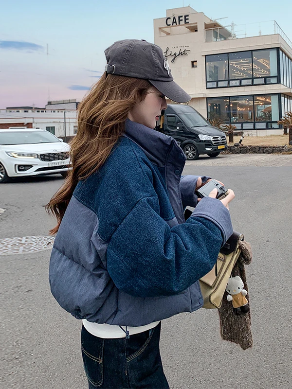 여성용 오르트 퍼퍼 재킷 화이트 듀 다운 스탠드 칼라 컬러 블록 디자인 겨울 따뜻한 아우터웨어 출퇴근용 루즈핏