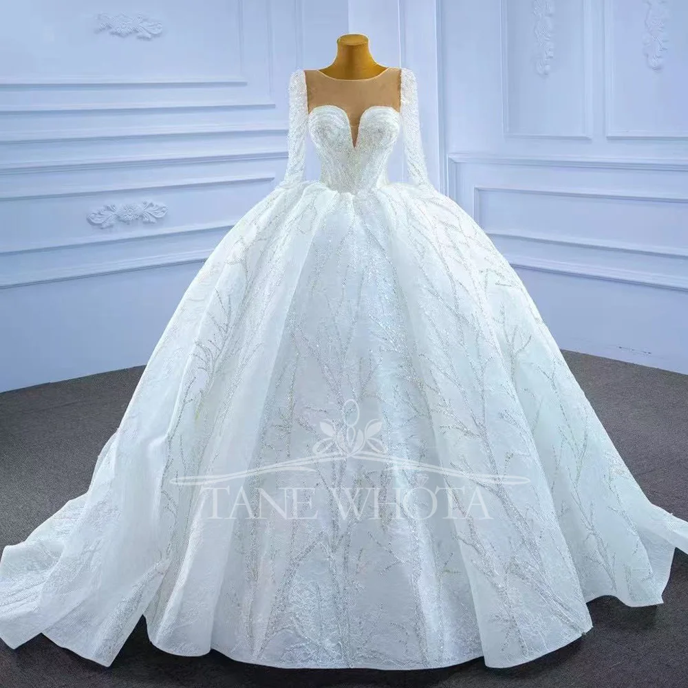 

Robe De Mariage Luxury Sexy O-Neck Long Sleeve Bridal Dress Lace-Up Back Sequined Customizable Wedding Dress