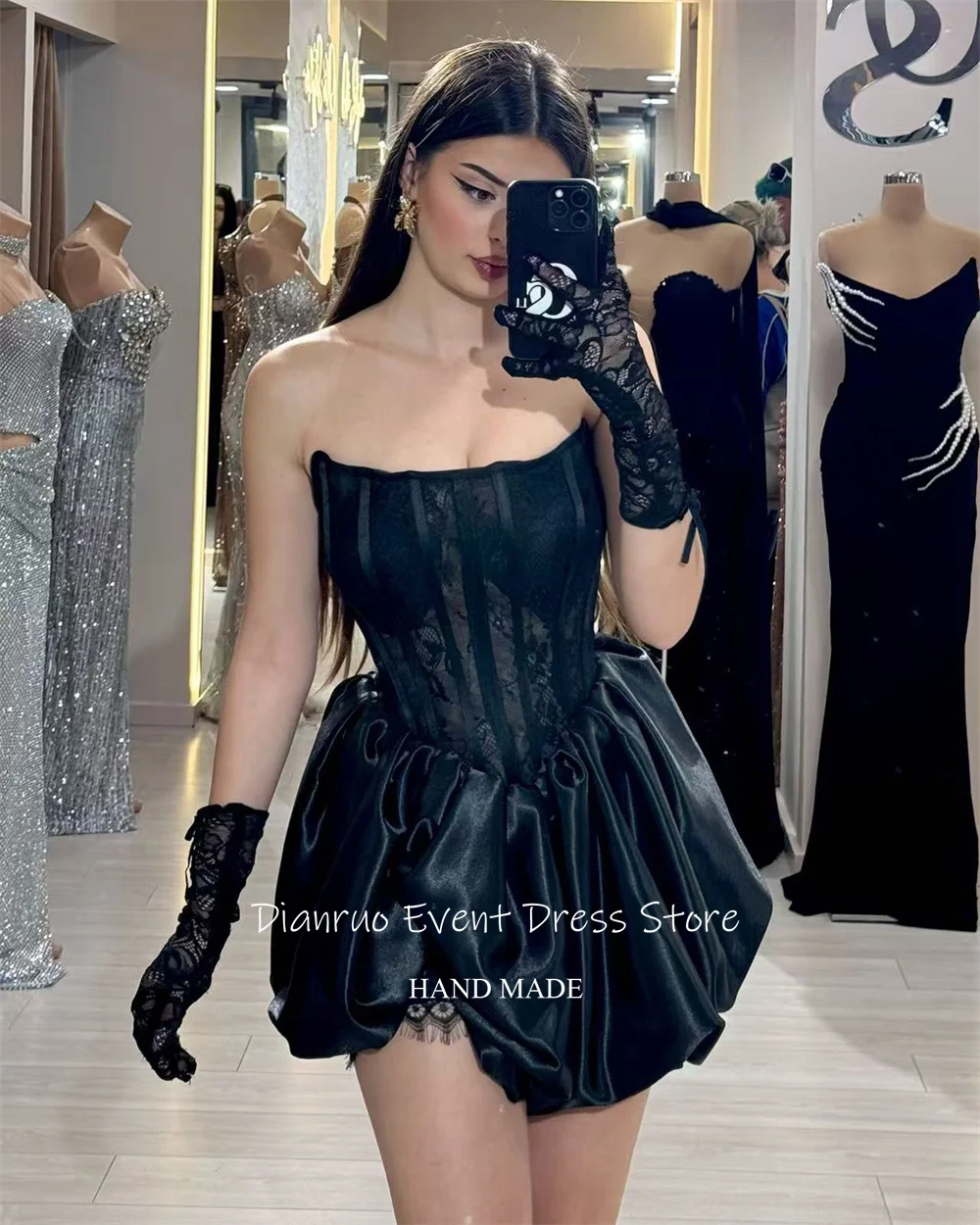 Dianruo Элегантные платья для выпускного вечера без бретелек черные выше колена Саудовская Аравия Иллюзия Гламурные женские вечерние платья с рюшами по индивидуальному заказу