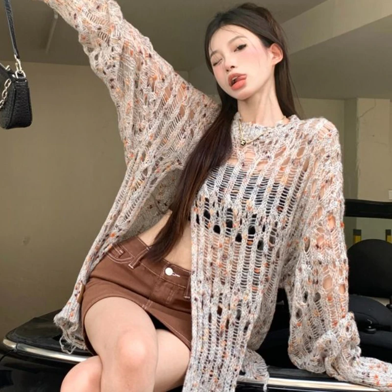 Pulover Wanita Celana Ketat Belahan Samping Kasual Berongga Kedap Sinar Matahari Fashion Chic Harajuku Semua Cocok Gaya Korea Rajut