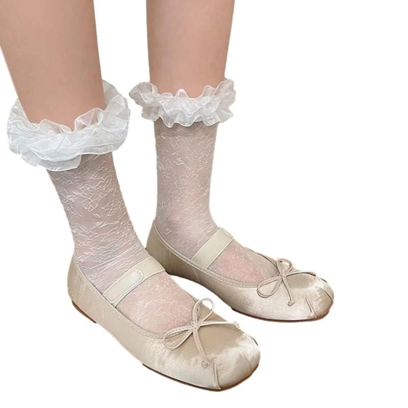 Kobiety Lolita przezroczysta siateczka załogi skarpetki słodkie koronki z falbankami wykończenia Bowknot słodkie miłość serce wzór Anime księżniczka wyroby pończosznicze — zdjęcie 7
