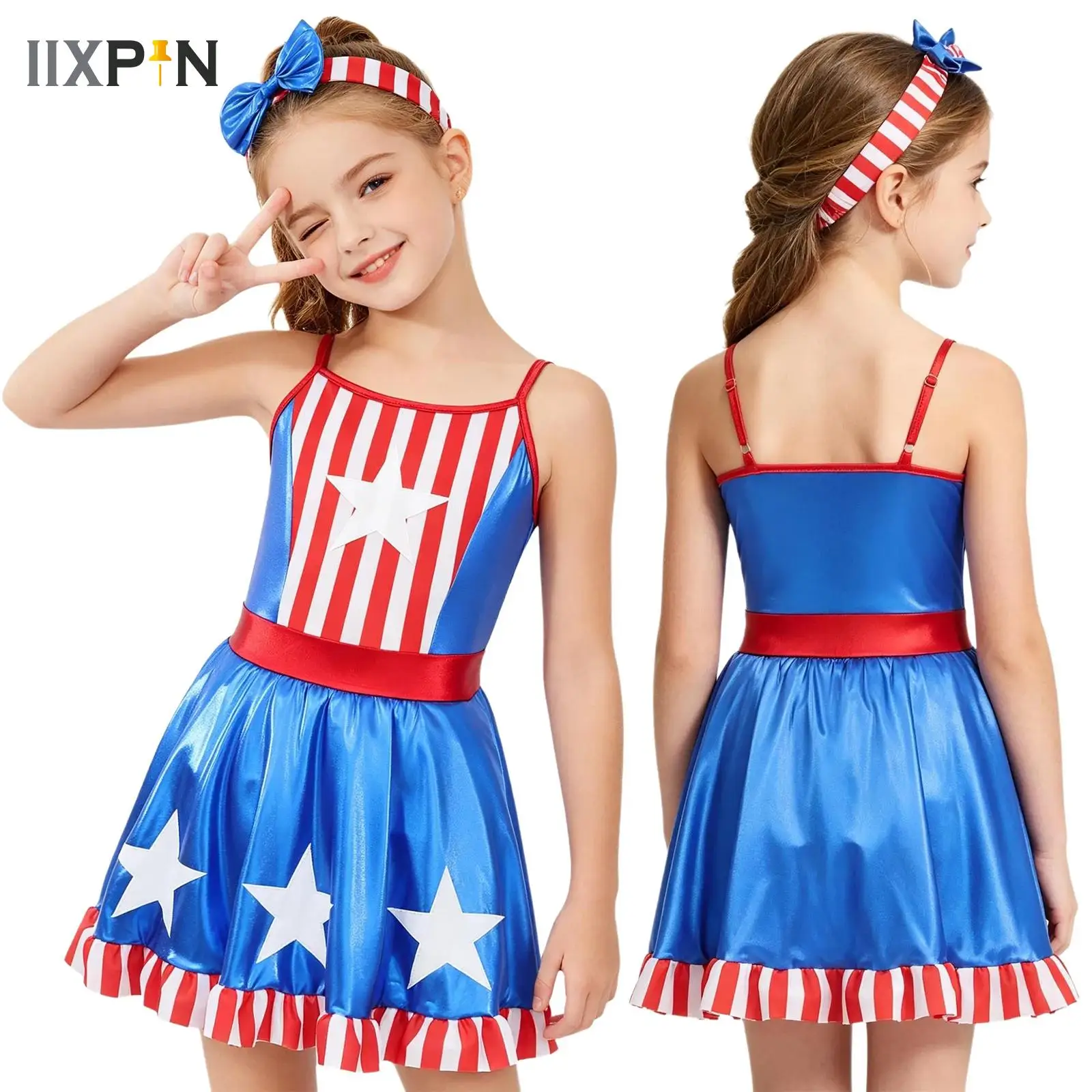 Kids Girls Ballet Dance Tutu Dress Sleeveless Metallic Stars Striped Figure Skating Gymnastics Leotard Independence Day Outfits