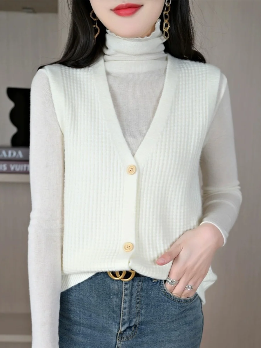 

Spring Autumn ort Knitted Wool Vest Women's V-Ne Svel Outerwear Cardigan Pure Color Commute Sle Single Button