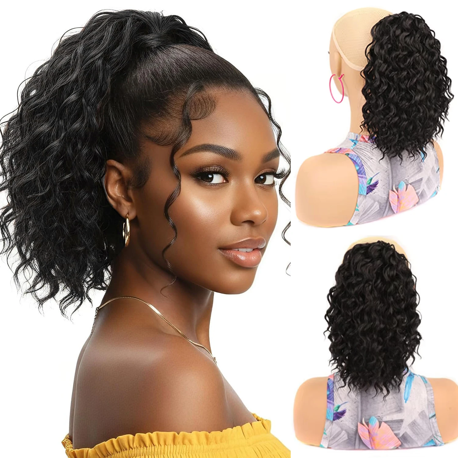 10 Inch Drawstring Ponytail Hair Extensions for Women Short Curly Deep Wave Ponytails Synthetic Hairpiece Easy to Wear for Daily