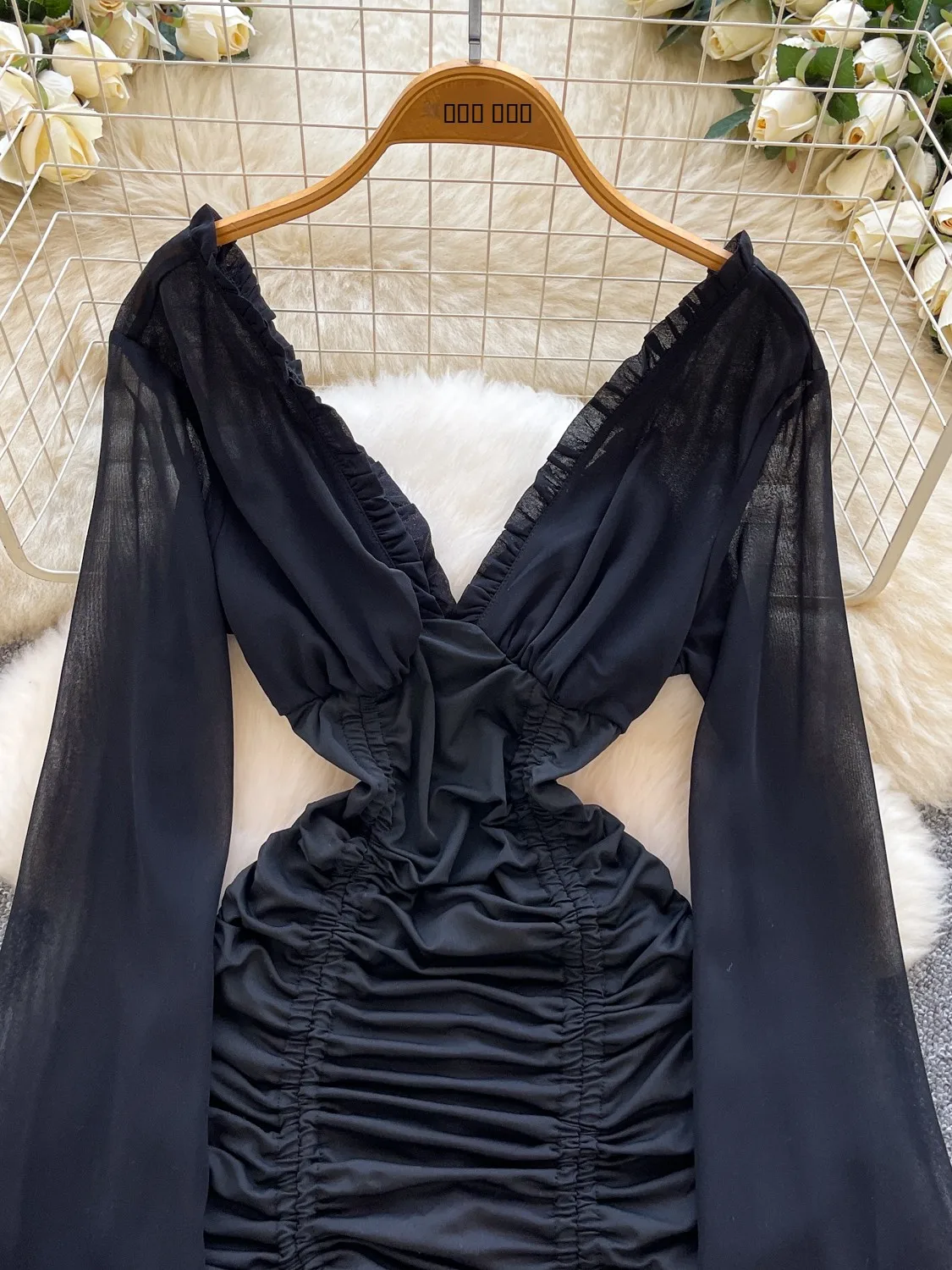 Ele Bla V-ne Long Sve ahueca hacia fuera la cintura fruncida que adelgaza el viaje Dr French Sle cintura alta fibra de poliéster