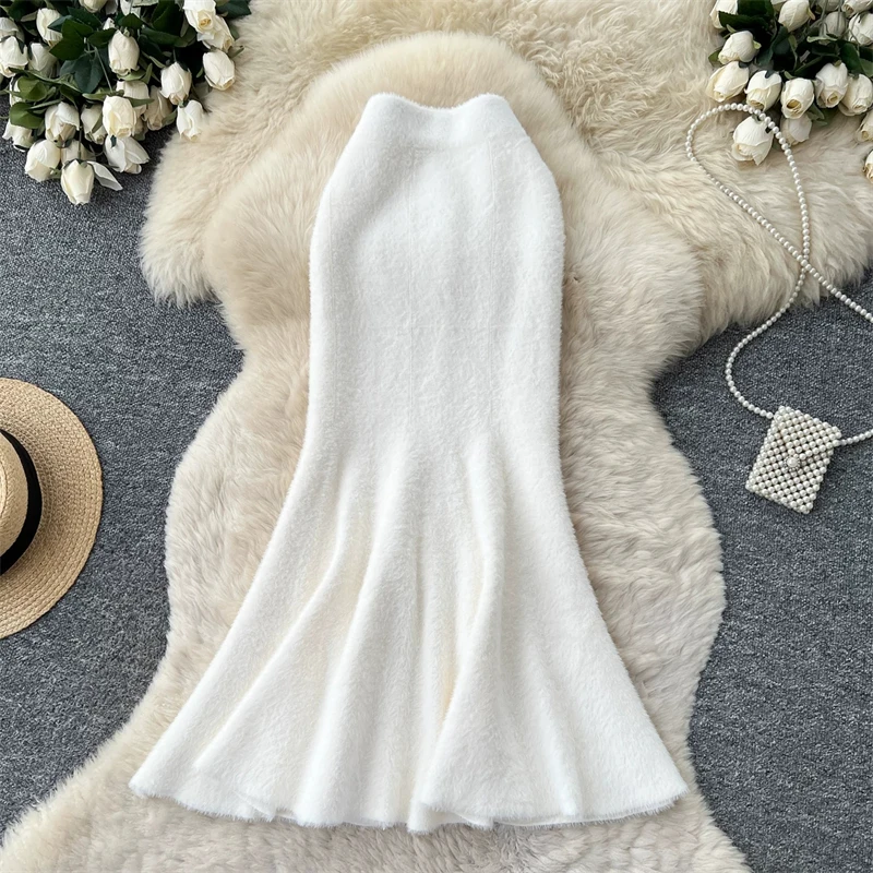 Damen Kunstnerz Gestrickter Meerjungfrauenrock Hohe Taille Weicher Flauschiger Warmer Pulloverrock Herbst Winter Eleganter Figurbetonter Langer Midirock 636 – Detail 7