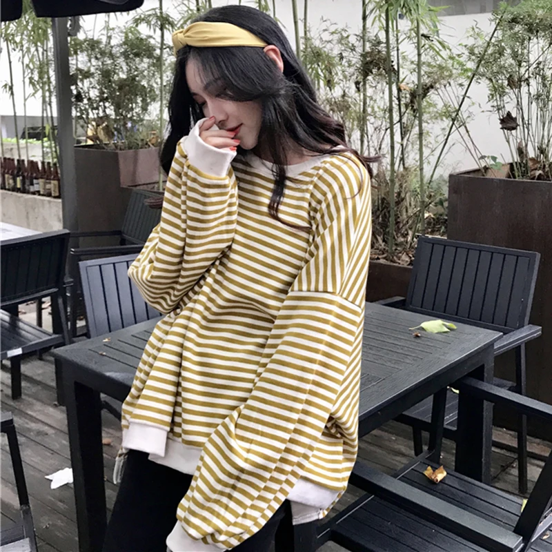 Classic Striped Sweatshirts Women Chic Couples Casual Streetwear Hoodies Female Long Sleeve Tops Students Retro Girlish Clothing