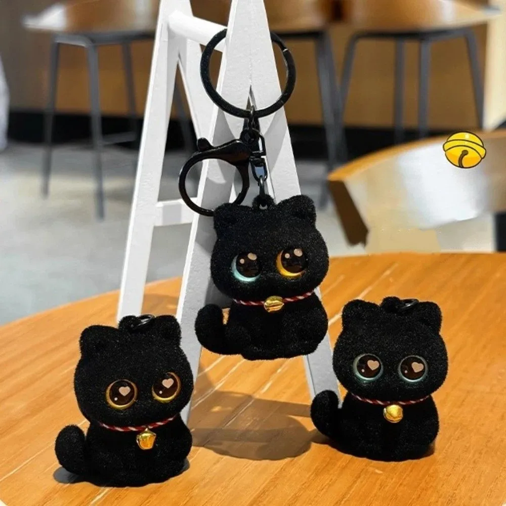 Funny Cartoon Animals Flocking Black Cat Keychain with Bell Collar Cool Cat Bag Charm Small Cat Backpack Pendant Halloween