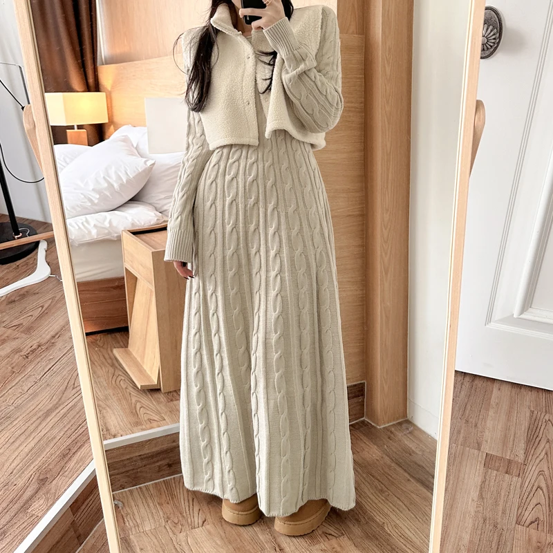 Chic Korean Autumn Winter Knitted Long Sweater Dress Elegant Women Round Collar Twisted Thick Warm Loose A Line Maxi Vestidos