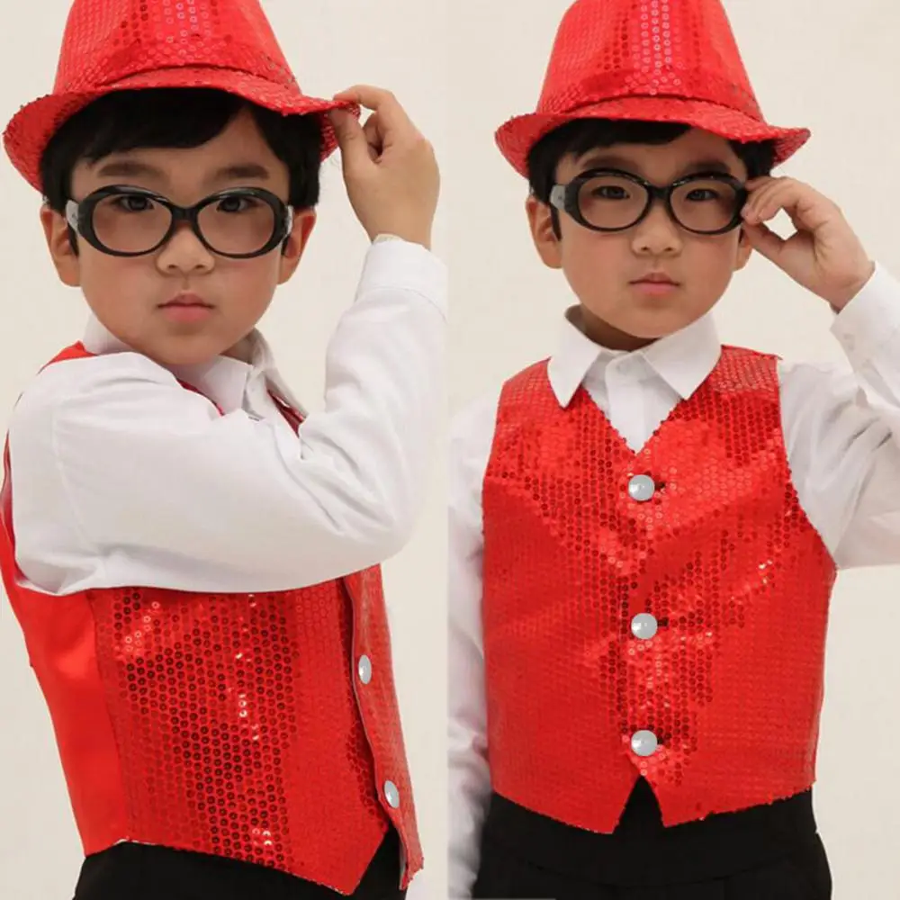 Children Shining Sequins Clothes Boys Students Christmas Stage Performance Costumes Kids Hip-hop Jazz Stage Dance Vest Waistcoat