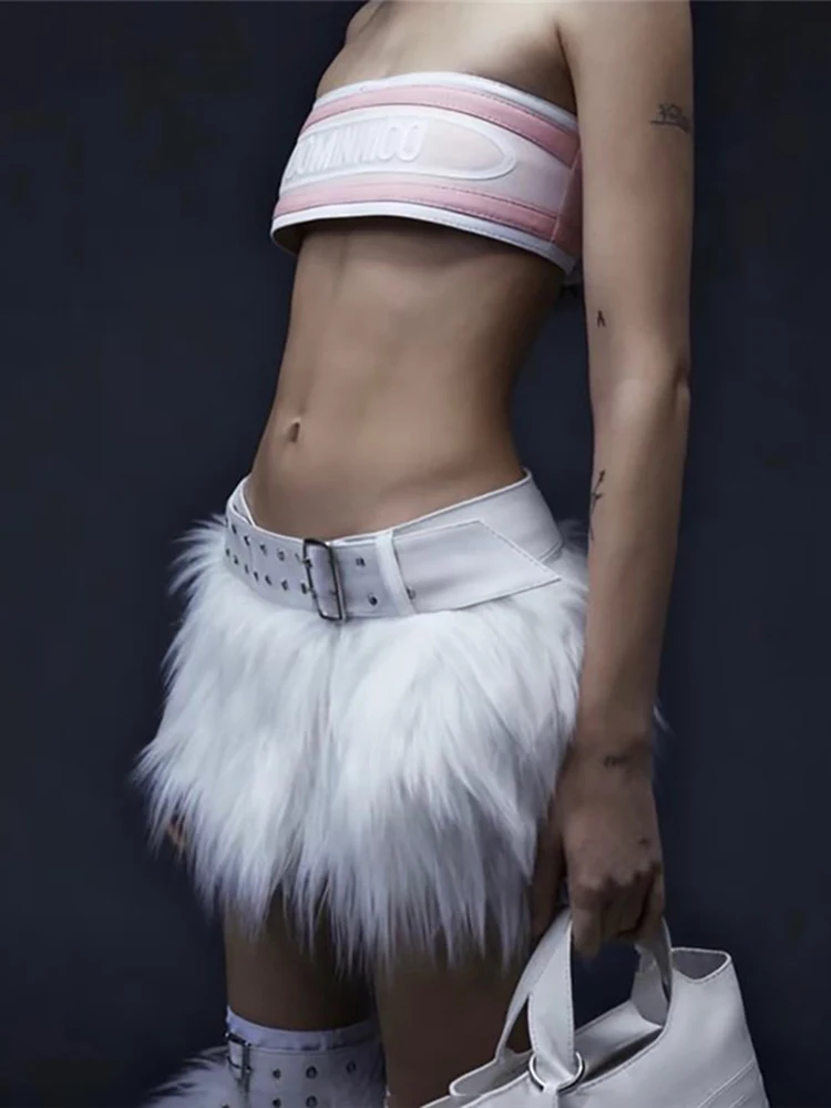 Weird Puss Sexy Hottie Furry Tassel Skirt Women Trend Metal Buckle Belt Wild Y2K Hottie Street Skinny Club Hipster Mini Bottom