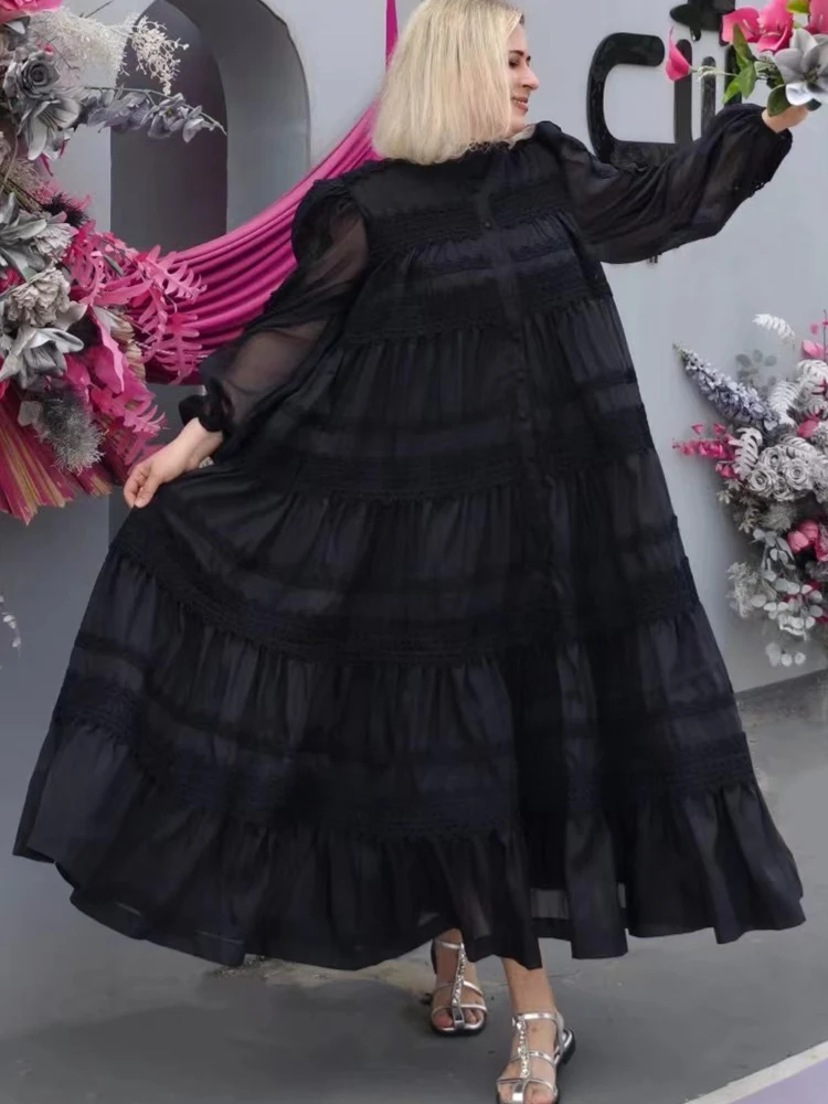 Retro fashion long-sleeved heavy stitching lace dress 2024 spring new women\'s single-breasted lace waist swing loose dress