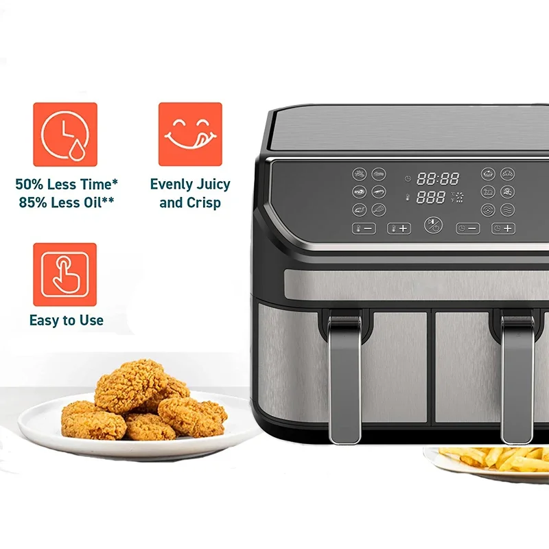 New Double Air Fryer With Dual Basket Smart Multi Function Two Dual Zone 2 Basket 9L Quart Air Fryer