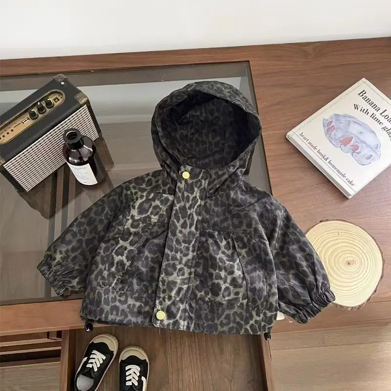 

Infant and Toddler Autumn Leopard Coat 2025 New Korean Fashionable Boys Long Sleeve Zipper Hooded Jacket