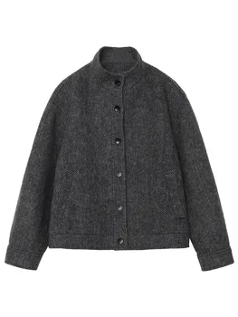 CHIC VEN Women Short Woolen Coat New Stand Up Twill Texture Single Breasted Ladies Jacket Retro Woman Outwear Autumn Winter 2025 5