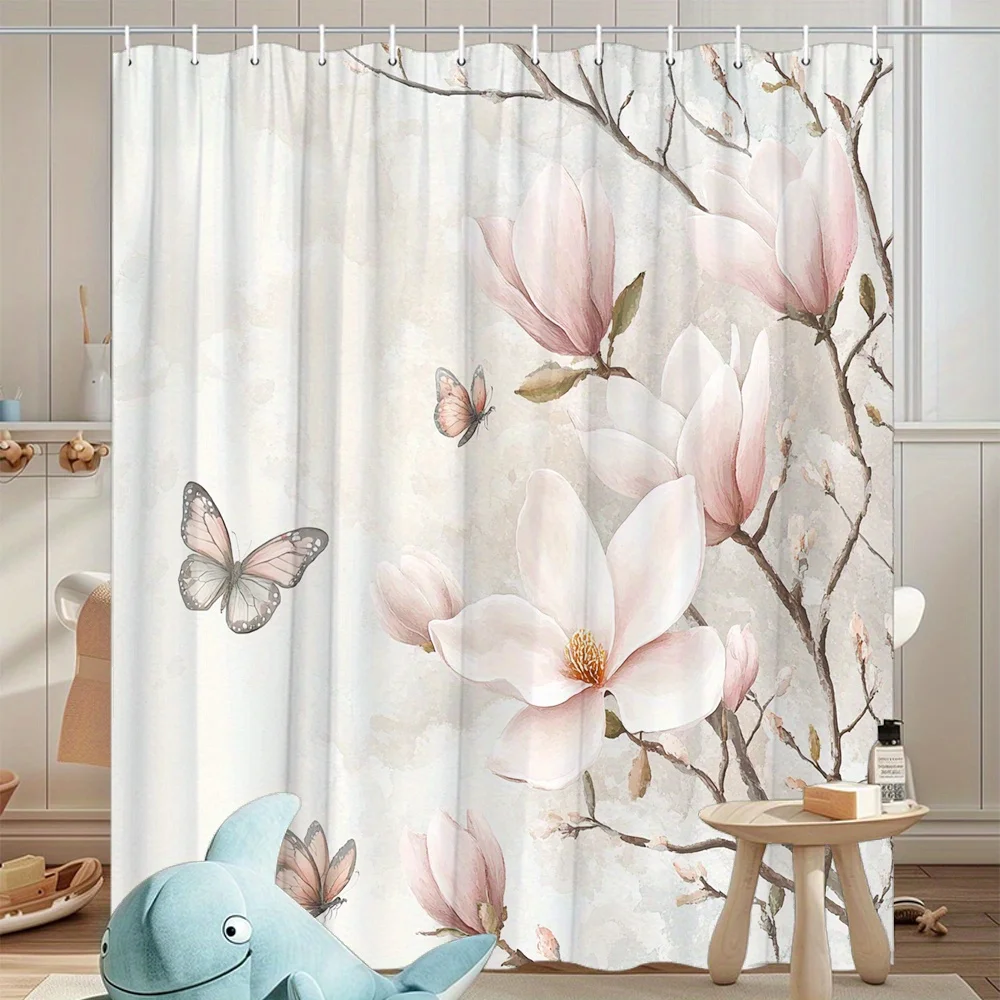 Magnolia Flower Shower Curtain Pink Butterflies Botanical Print Bathroom Decor Elegant Floral Design Waterproof Bath Curtain