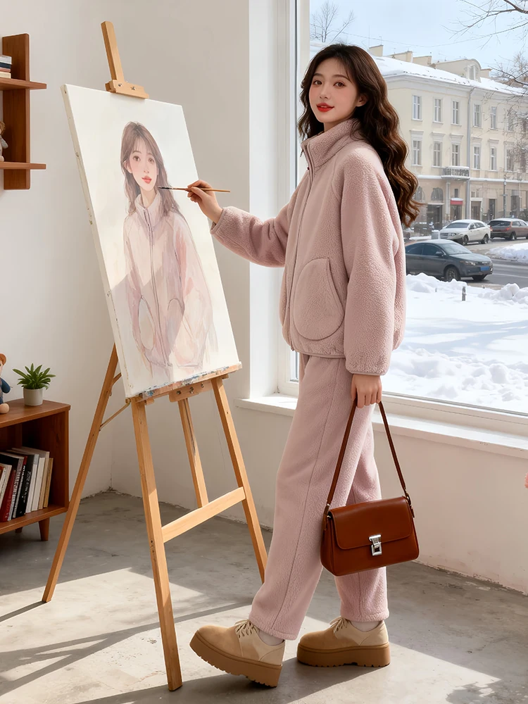 Winter Nieuwe plus Size Fce Gevoerd Verdikt katoen Jaet Wijde Pijpen Broek Tweedelige Set Vrouwen Casual Spor Chic Sle