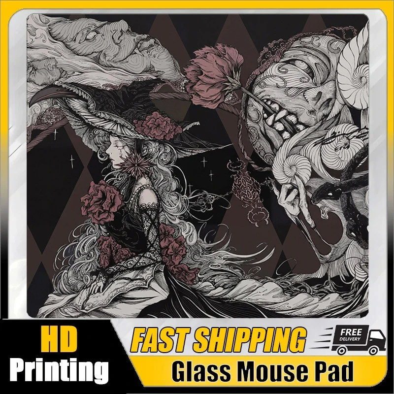 

Dark Angel Glass Mouse Pad Black White Anime SORA YUME Frosted Surface Desktop Mat Tempered FPS Custom Office Gaming Mousepads