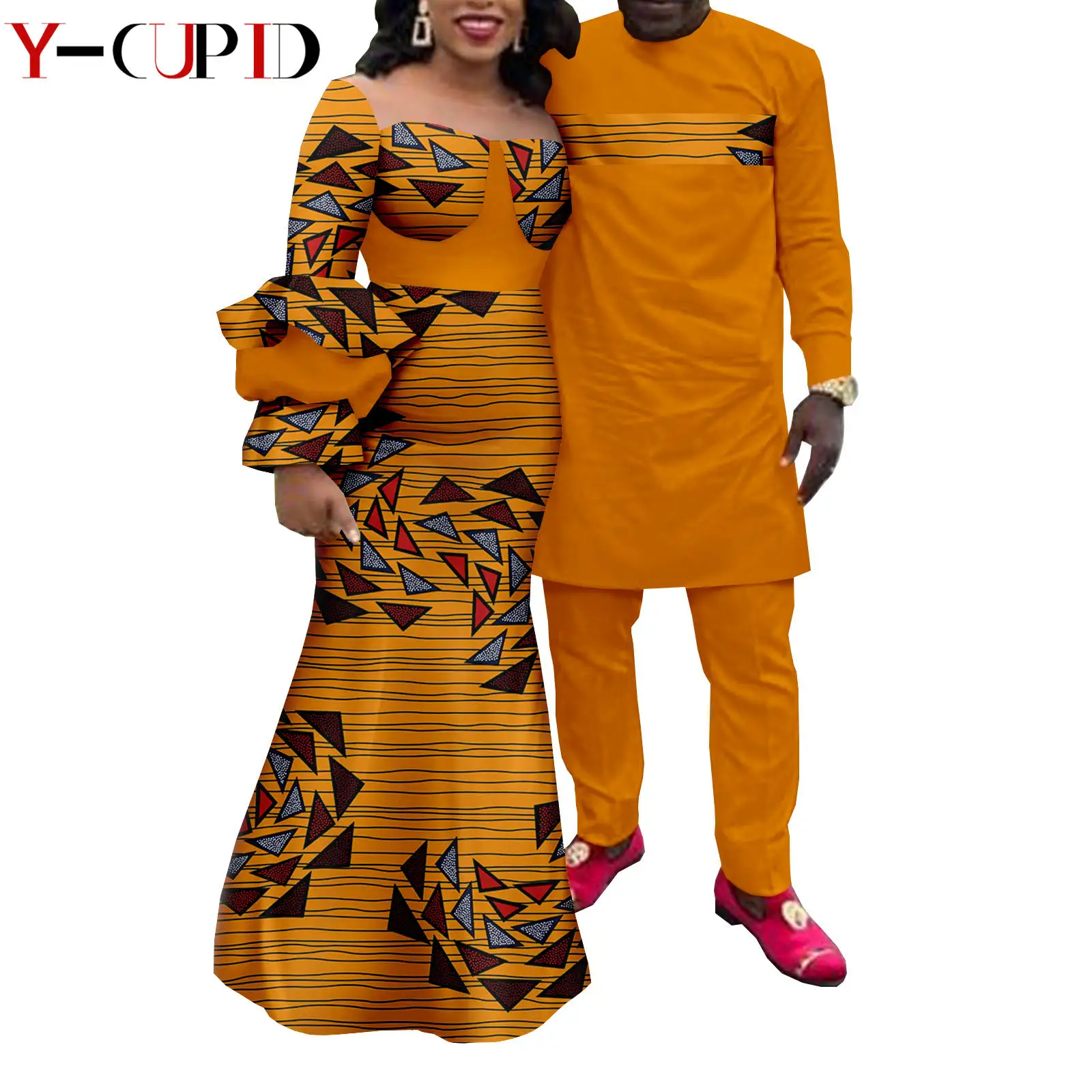 African Print Long Dresses for Women Matching Men Outfits Top and Pant Sets Bazin Riche Couple Clothes Wedding Wear Y22C045