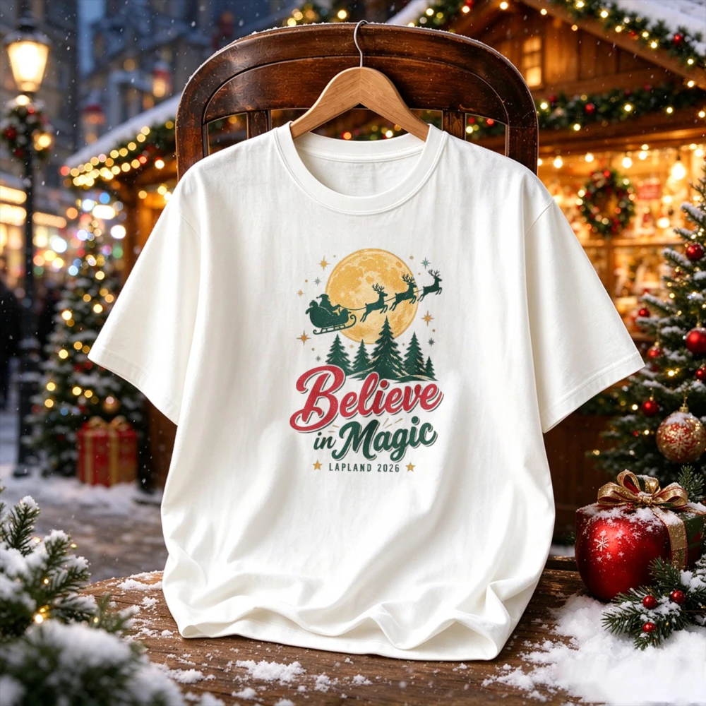 Believe in Magic Lapland 2026 Santa Sleigh Reindeer Moon Pine Tree Graphic Tee Vintage Christmas Print Holiday Casual Tops Gift