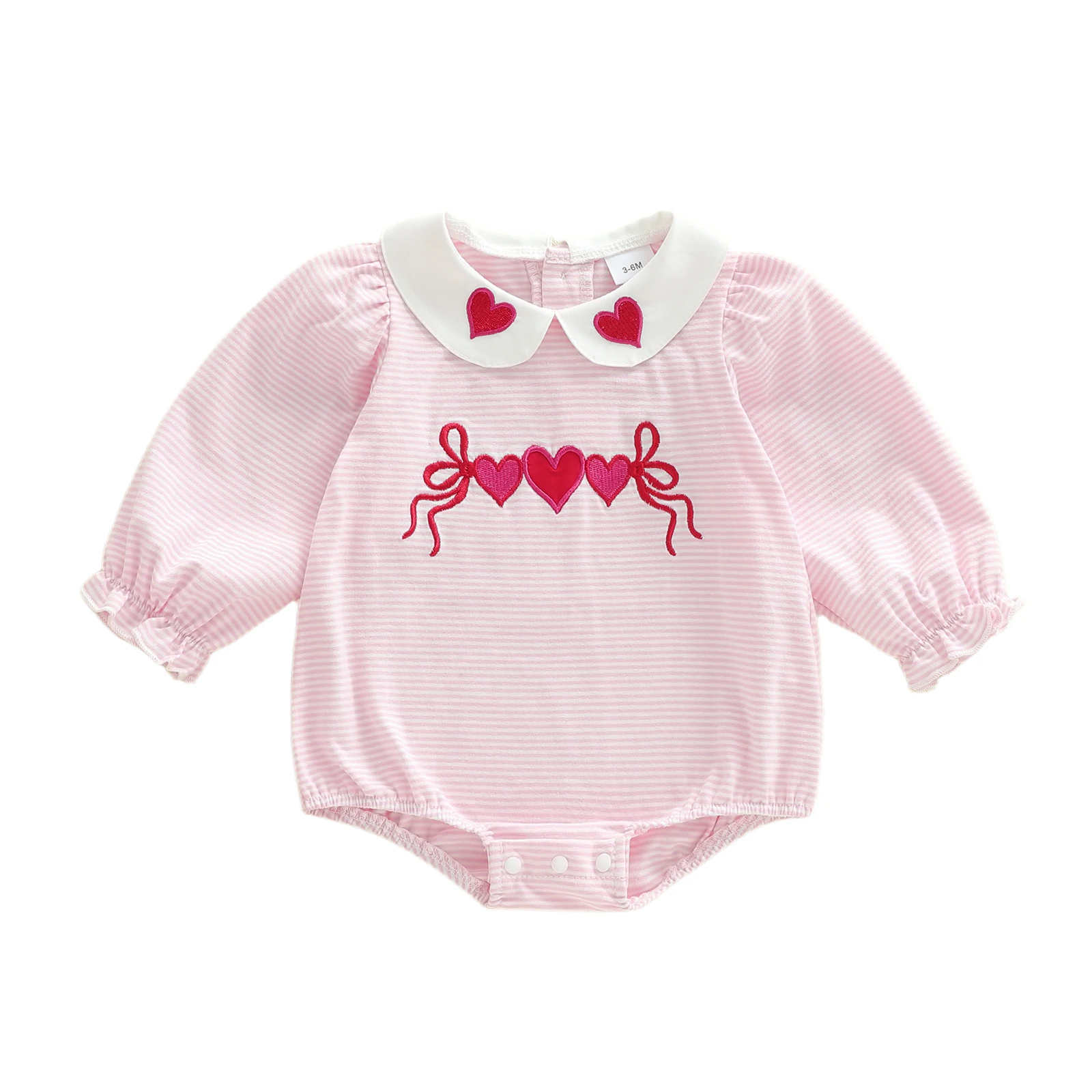 Baby Girls Valentines Striped Romper Cute Heart Embroidery Doll Collar Long Sleeve Striped Jumpsuit