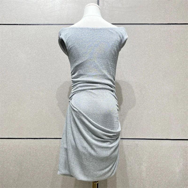 elegant party dresses woman 2024 New Sexy Off Shoulder Mini Dress Silver silk blended sleeveless Short dresses Evening dresses