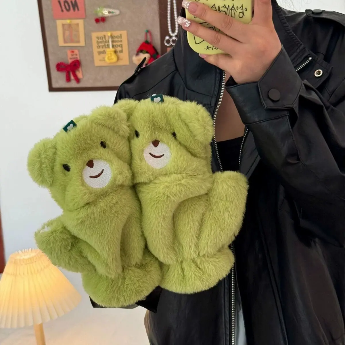 Winter Warm Furry Gloves for Girls and Women Cute Korean Green Bear Design Thick Plush Flip Cuff Hand Warmers