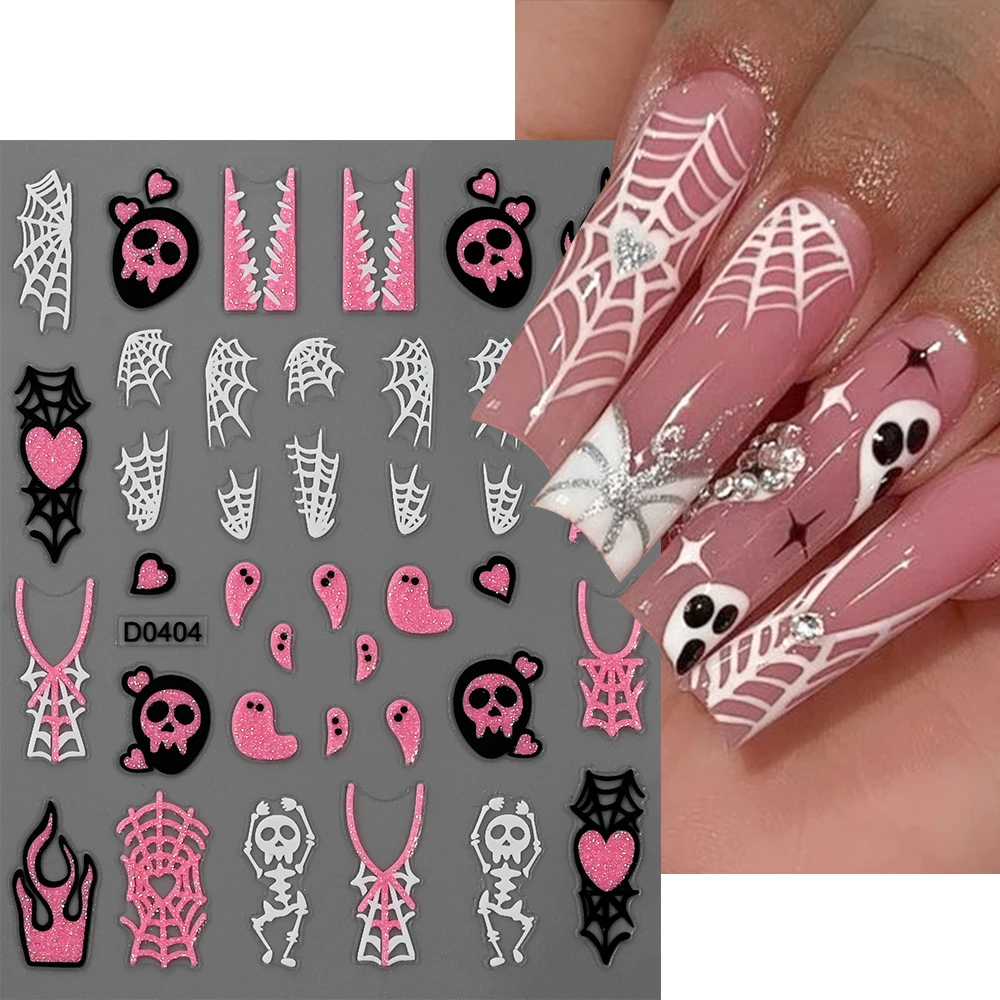 Polvo de brillo rosa calavera Halloween pegatina de uñas 3D 10X8cm fantasma murciélago araña estilo telaraña calcomanías de uñas DIY decoración de manicura de invierno