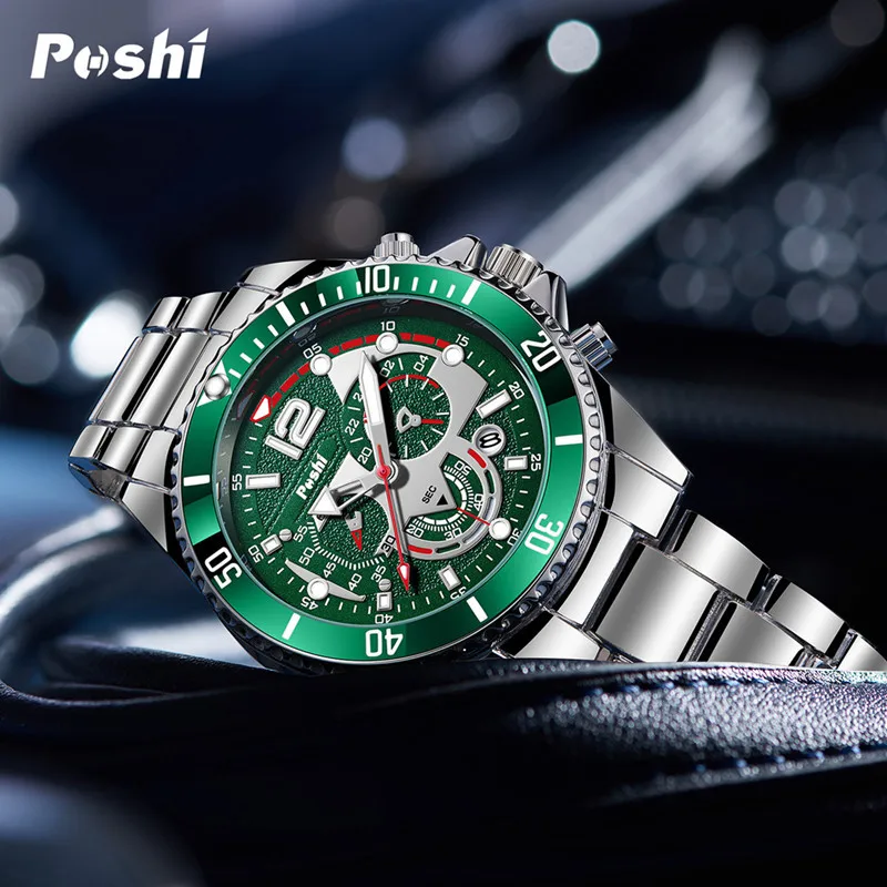 POSHI-Montre-bracelet à quartz de luxe pour homme, montres-bracelets d'affaires classiques, acier inoxydable, étanche, chronographe Shoous