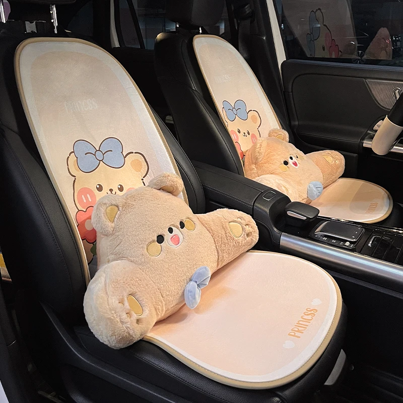 New Cartoon Cute Bear Four Seasons Universal Winter Plush Rear Backrest Car Seat Cushion Cover Car Interior Accessories