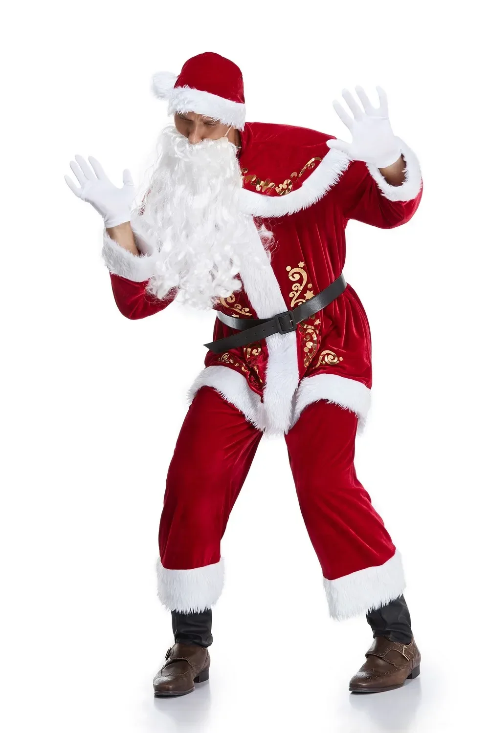 Kerst Kerstman Pak Volwassen Kerst Cosplay Kostuum Rood Deluxe Fluwelen Fancy 7-delige Set Kerstfeest Man Kostuum S-XXL