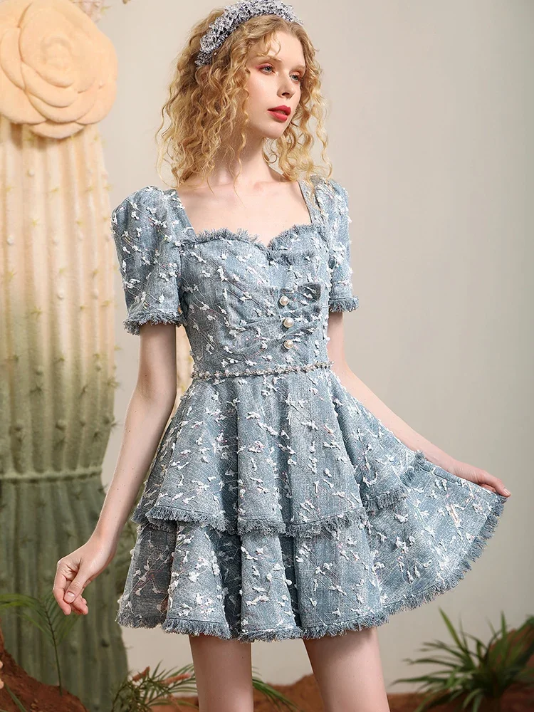 High-End Personalized Y2k Style Denim Dress Women 2023 Summer New Temperament Waist-Controlled Slimming Puff Sleeve Short Dress