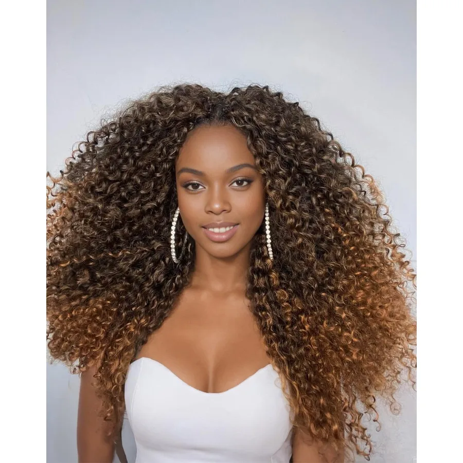 أومبير براون مجعد شعر مستعار اصطناعي 24 بوصة غلويليس مجعد الاصطناعية الدانتيل شعر مستعار أمامي ترقية مع شعور الشعر البشري الألياف موجة عميقة