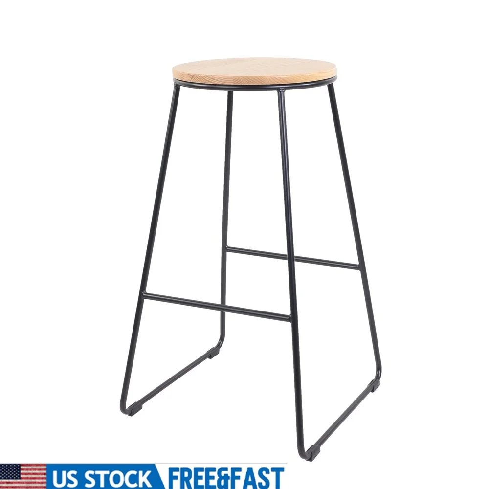 Backless Stool with Black Metal Base Natural Rubberwood Seat Comfortable Footrest Stackable Design Ideal Kitchen Dining Bar Game