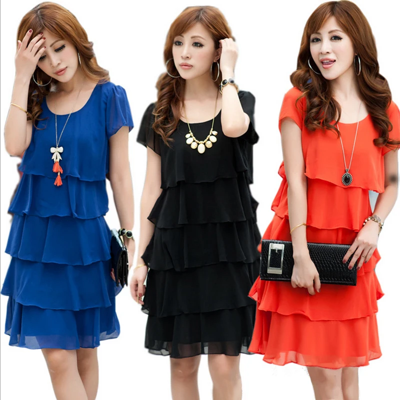 Neues Chiffon-Damen-elegantes Chiffon-Kleid, lässig, kurze Ärmel, O-Ausschnitt, abgestufte Rüschen-Kuchen-Kleider