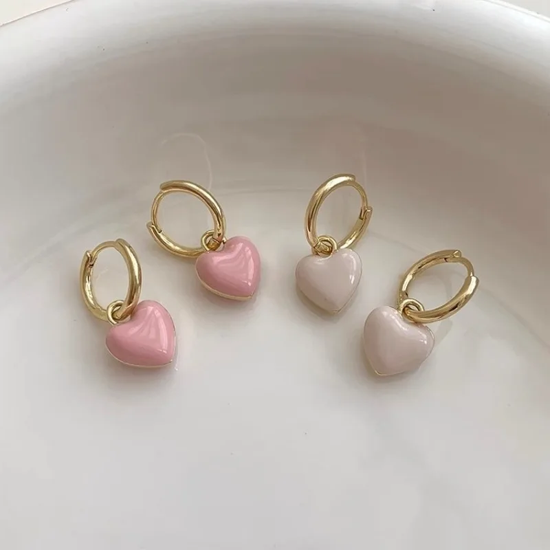 Simple Design Wine Red Love Heart Dangle Earrings for Women Gold Color Circle Vintage Peach Drop Earring Fashion Jewelry