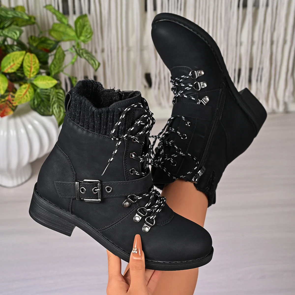 

Winter Women Outdoor Designer Shoes Side Zip Comfortable Mid-Calf Boots Square Heel Casual Med Heel Boots Zapatos De Mujer